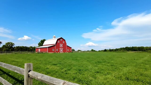 Classic Red Farm Barn In Lush Pasture With Split Rail Fence