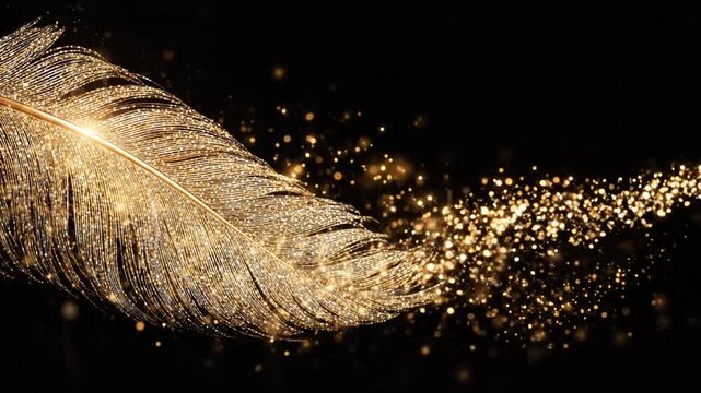 Close-up of a golden feather with a sparkling, luminous effect against a dark, blurred background