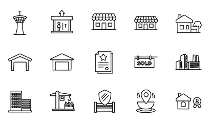 City, Real Estate and Commercial Building Thin Line Icons
