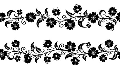 Seamless Black Floral Pattern Vector with Decorative Flower Silhouettes on White