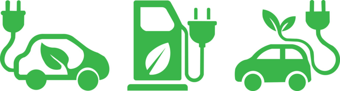 Electric Car Charging Icon Collection &ndash; Green Energy Vehicle, EV Charger Station with Plug Cable and Leaf Symbol, Sustainable Transport and Renewable Mobility Vector Set