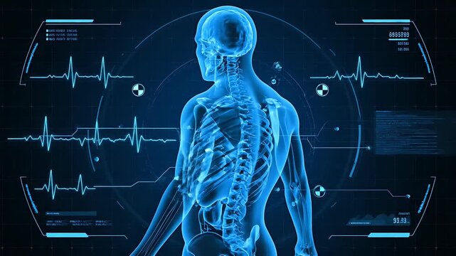 Glowing Blue Full Human Body Skeletal and Internal Organ X-Ray Scan