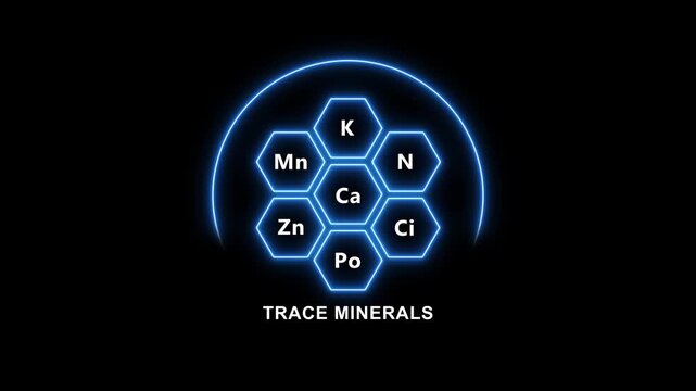 Glowing blue trace minerals infographic with hexagonal on black background mineral chemical symbols