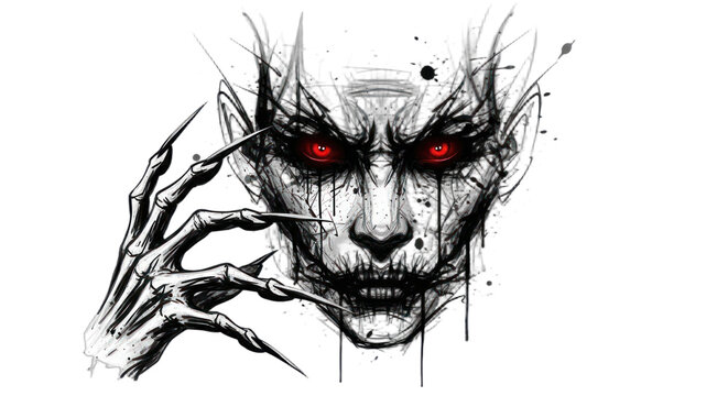 A haunting image of a demonic creature with glowing red eyes and menacing claws against a black background.