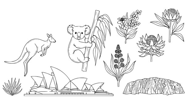 Minimal Line Art Australian Symbols Vector Illustration with Wildlife and Landmarks on White