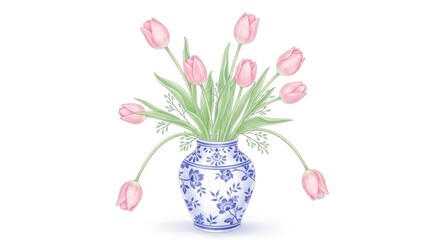 A blue and white vase with pink tulips on a white background