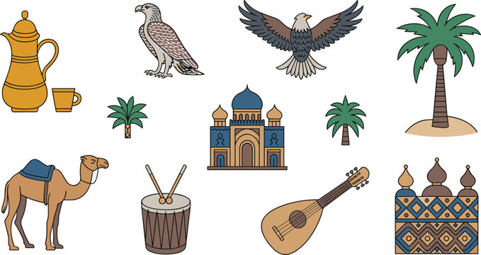 Traditional Middle Eastern culture illustration set, camel mosque falcon palm tree and oud icons isolated on white background