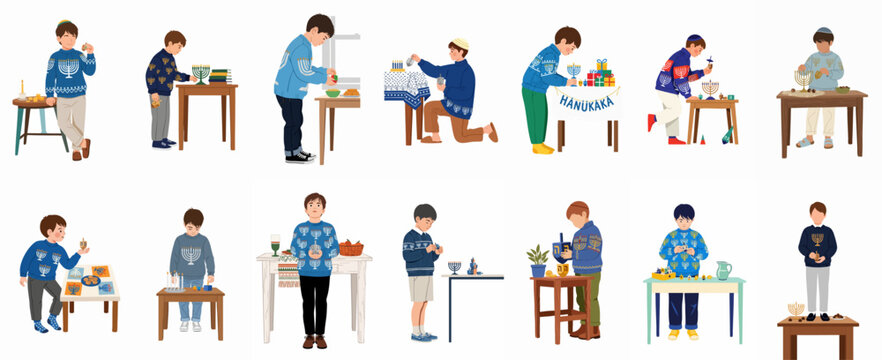 Boys celebrating Hanukkah: lighting menorahs, playing dreidels, and enjoying festive traditions, capturing the joy and spirit of the Jewish Festival of Lights.