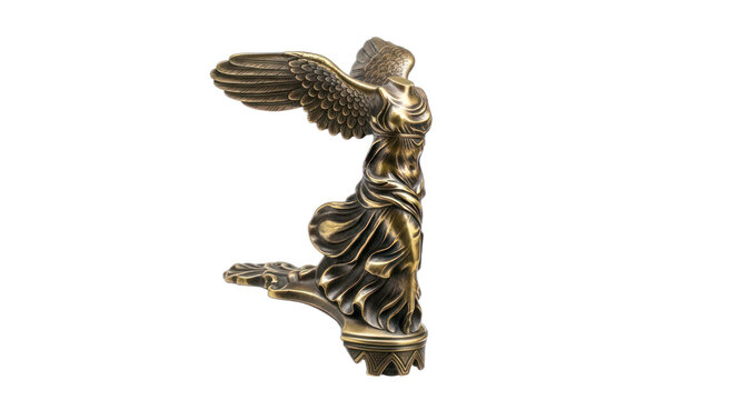 A bronze statue of the Winged Victory of Samothrace, isolated on black.
