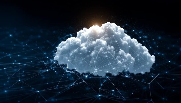 Cloud computing data network: A vibrant depiction of a cloud amidst a web of connected nodes against a futuristic, digital backdrop. Representing data connectivity and technological advancement.