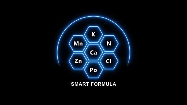 Glowing blue molecular structure with chemical and s m a r t f o r m u l a text on black background for science and technology concepts