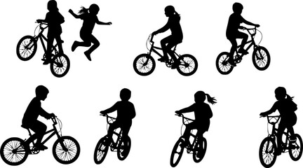 Obraz premium Silhouettes of Children Playing and Riding Bicycles kids jumping 