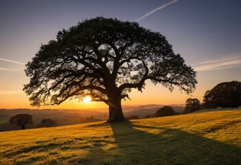 Fototapeta premium A large lone tree in a meadow at sunset