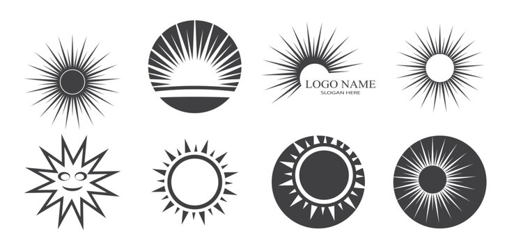 summer beach coast island, sea ocean with birds and summer sun rays logo design inspiration