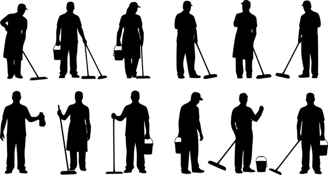 Cleaning worker silhouette set, janitor people with mop and bucket, black and white cleaner illustration, maintenance staff vector design for hygiene and service industry 
