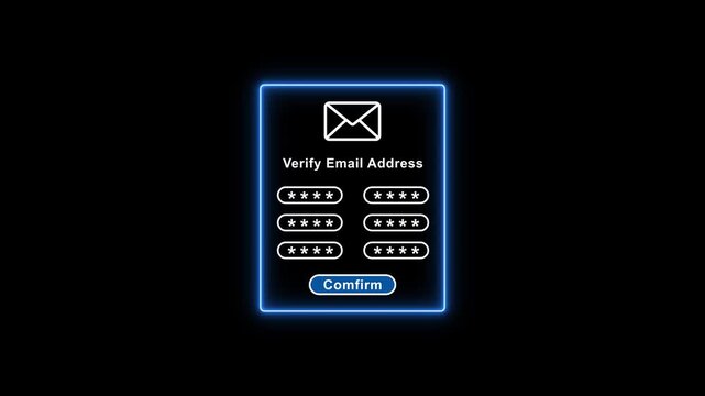 Verify email address confirmation screen with password input fields and blue neon outline on black background for cybersecurity and authentication concepts
