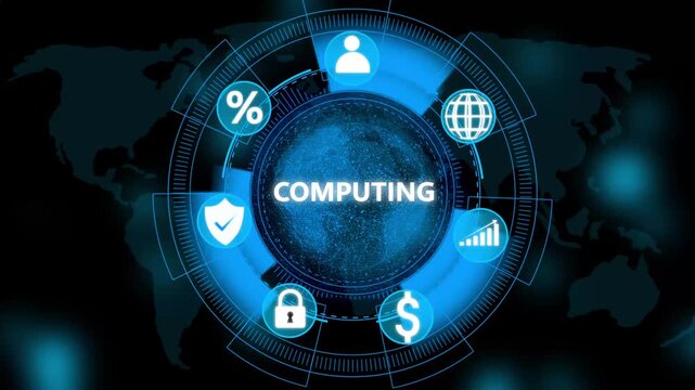 Computing Network Globe HUD Interface, Big Data and Cloud Computing Technology Concept. Internet and social media icons. 4k video.