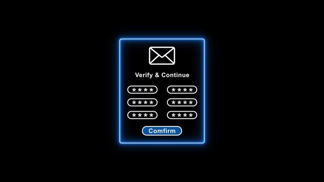 Verify and continue login screen with password input fields and confirm button on dark background with neon blue outline