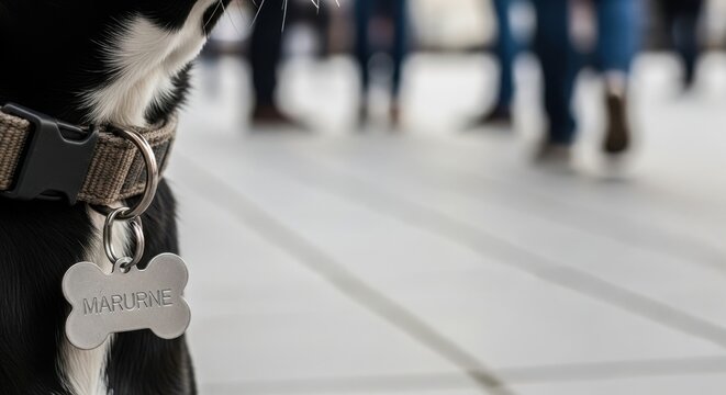 Close up of dog's collar with bone shaped ID tag engraved with the name Marlene, visible against a blurred background of people walking. This image represents pet ownership, animal identification,