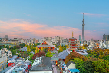 Obraz premium Sunset View of Temple and Tokyo city skyline in Asakusa District