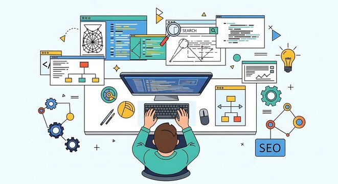 Person at desk working with digital interfaces and data visualizations.