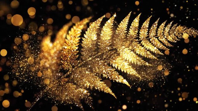 A golden, glitter-filled fern frond, with bokeh lights against a black background