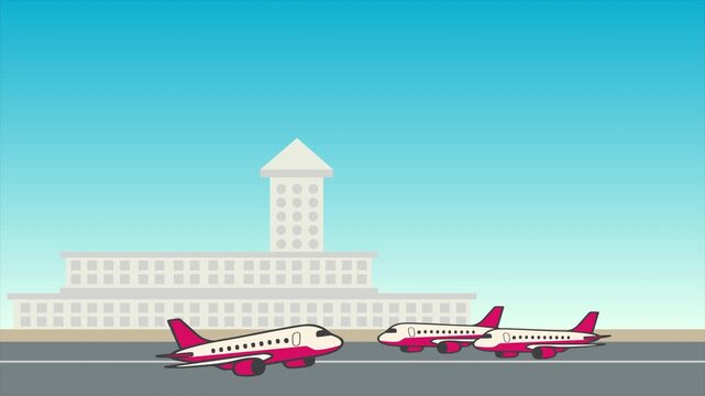 Commercial plane departing from airport runway flat animation. Animated airplane takeoff at airport runway. Transportation vehicle vector looping video