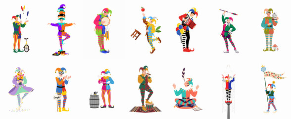 A vibrant collection of medieval jesters and clowns performing various entertaining acts, illustrating joy, celebration, and historical carnival traditions. © Cristina