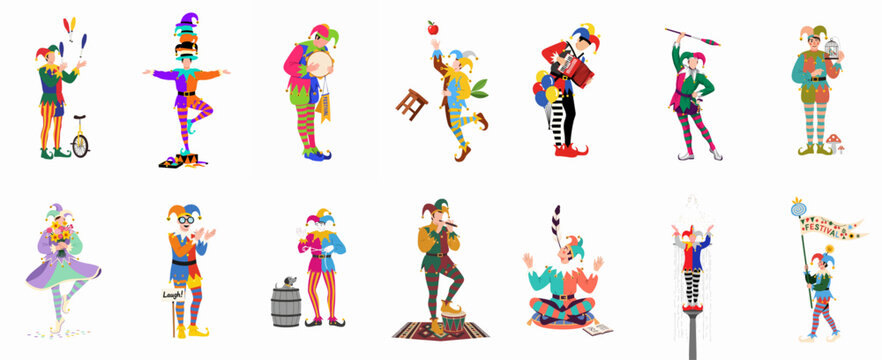 A vibrant collection of medieval jesters and clowns performing various entertaining acts, illustrating joy, celebration, and historical carnival traditions.