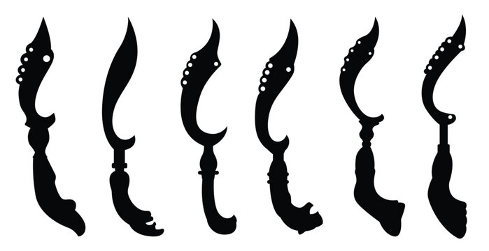 set of silhouettes of traditional kujang weapons isolated 