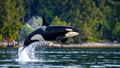 Obraz premium Orca leaps from blue ocean with tree-covered shoreline in background, splashing water glistening in the sunlight