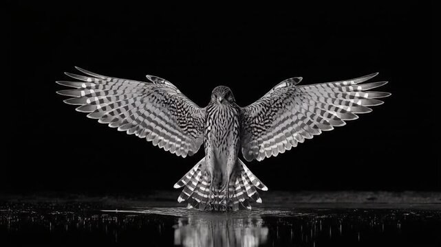 A majestic bird with wings outstretched, standing in water, reflected in black and white