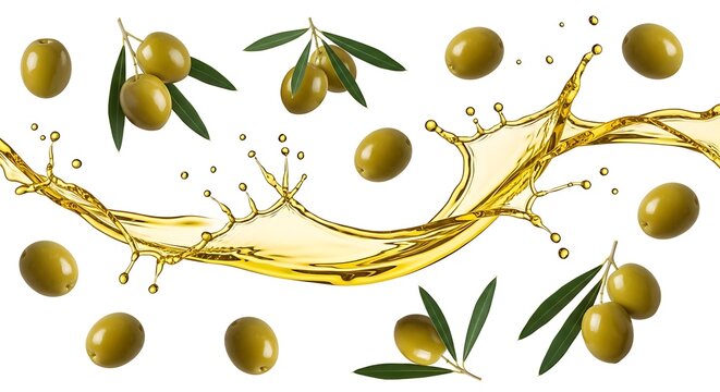 Olive oil splash with green olives and leaves floating in air  healthy food concept