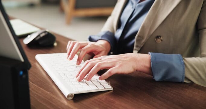Hands, business and person typing with computer for research, email editor and editing story. Journalist, pc and proofreading on website, draft update and copywriting report for article publication