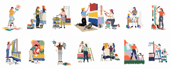 Fototapeta premium Creative women crafting vibrant, large-scale decorations and artistic installations for events, showcasing diverse handmade projects and collaborative design work.