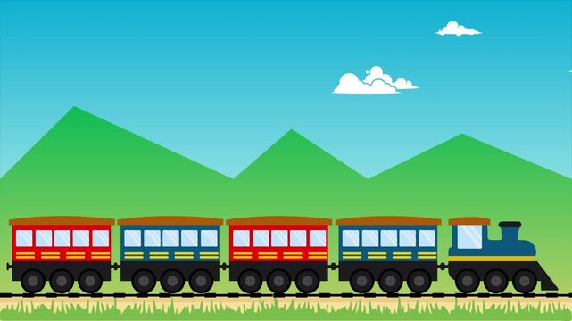 Seamless loop animation of red and blue trains on railway tracks with mountain landscape. Transportation vehicle vector looping video