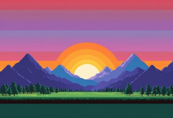 Pixel art sunset background with mountains and forest