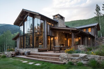 Fototapeta premium Modern cabin built with wood and stone near mountains with glass walls and deck showing natural surroundings during daytime