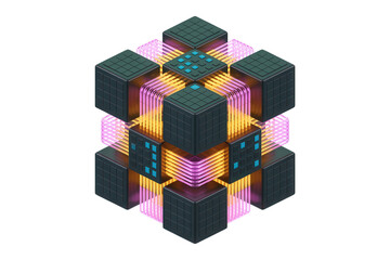 Obraz premium Vibrant 3D cubes with neon lights in modern technology concept