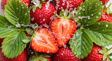 Top view composition of ripe strawberries with green leaves and water splashes