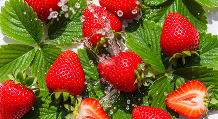 Top view composition of ripe strawberries with green leaves and water splashes