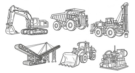 Heavy Machinery Equipment Line Art Illustrations. © mulyo