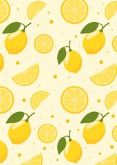 Lemon seamless pattern with fresh yellow citrus fruits and slices on light background for summer wallpaper, wrapping paper and textile design.