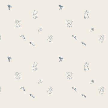Pattern con animali della fattoria azzurri su sfondo crema
