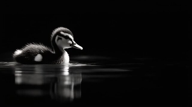 A grayscale photograph of a duckling gliding through the water, set against a dark background