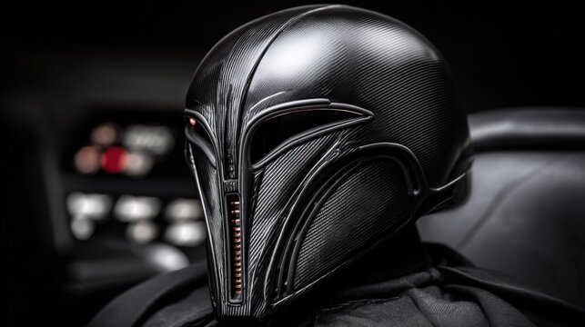 Textured carbon fiber humanoid helmet with glowing red eyes and intricate details, futuristic sci-fi design