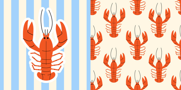 Illustration of lobster on striped background and seamless pattern. Vector flat clipart of mediterranean seafood