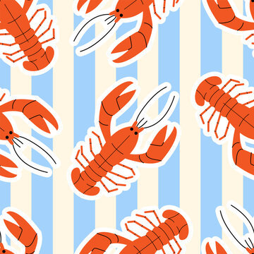 Seamless pattern with lobsters on striped background. Vector flat wallpaper design for scrapbooking, textile, wrapping paper
