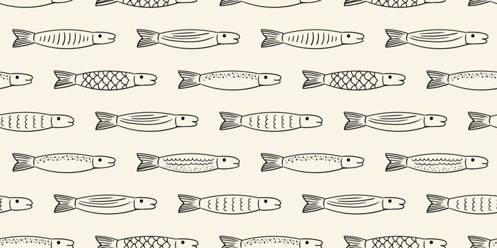 Seamless pattern with simple line fish. Vector hand drawn illustration of sardines in vintage sketch style