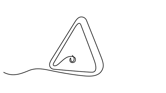 Animation 3d render of warning sign icon continuous one line drawing. Full length single line art 4K animation video